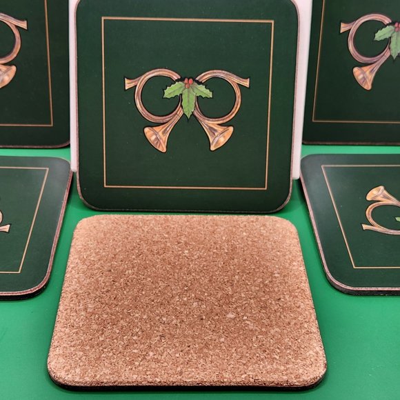 English Life Set Of Six 6 Coasters Christmas Horn Green Boxed Made In England - Picture 3 of 6